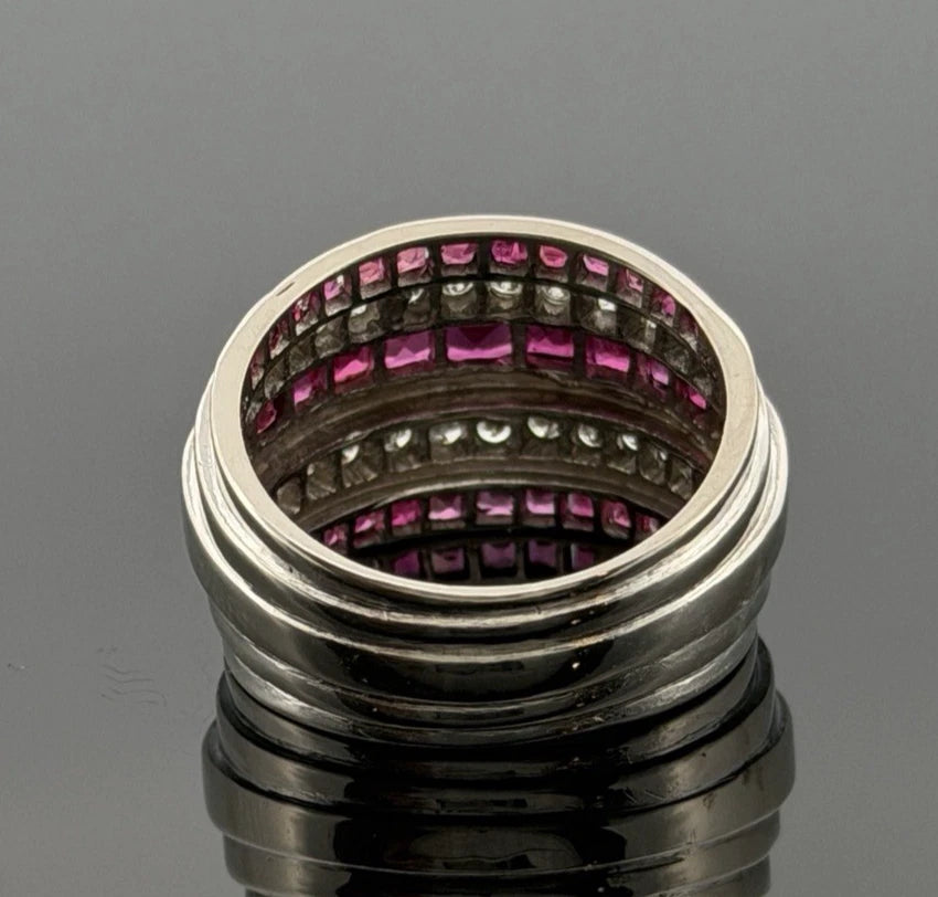 14K White Gold Ruby & Diamond Wide Band Ring Natural Square Rubies Size 7 by Devine & Co — close-up