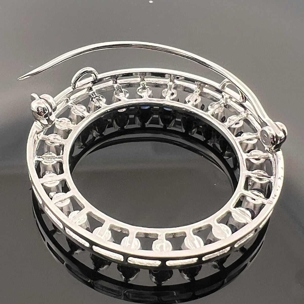 14K White Gold Natural Sapphire & Diamond Circle Pendant Brooch Estate