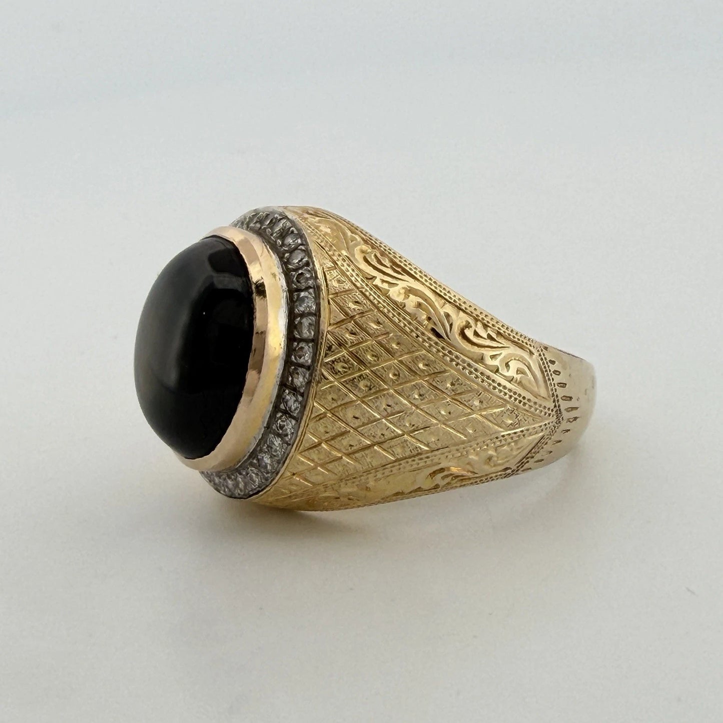 Men's 14K Yellow Gold Natural Black Star Sapphire Diamond Ring Size 12.5, 16.5g
