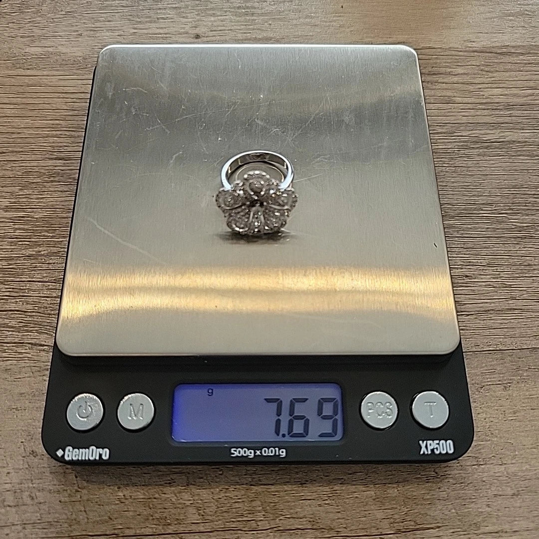 18K White Gold Pave Diamond Flower Ring 1.39ctw Natural Diamonds Size 6 by Devine & Co — close-up
