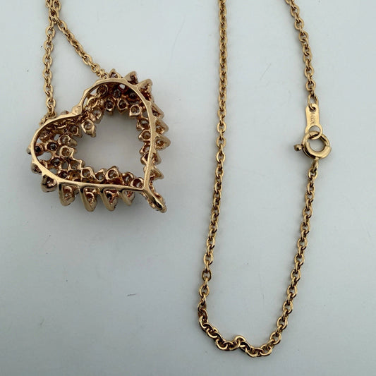 Vintage 14K Yellow Gold Diamond Open Heart Slide Pendant Necklace VS 1CTW 16"