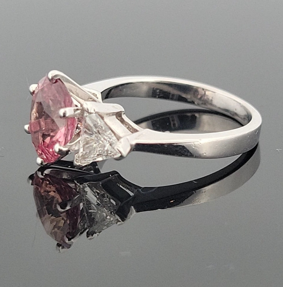 Platinum Natural Padparadscha Sapphire Trillion Diamond Ring 2.16ct .70ctw AIGS by Devine & Co — close-up