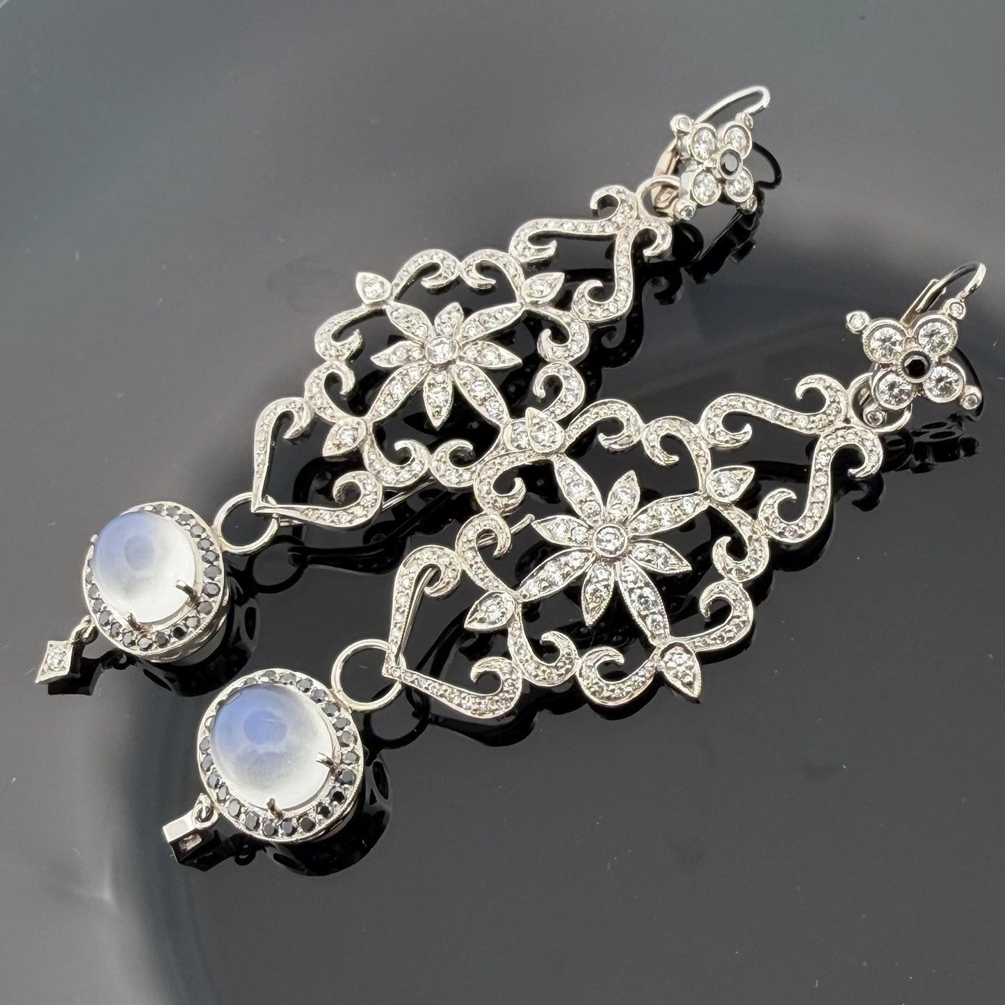18K & 14K White Gold Moonstone Black Diamond Dangle Earrings 3" 17.9g