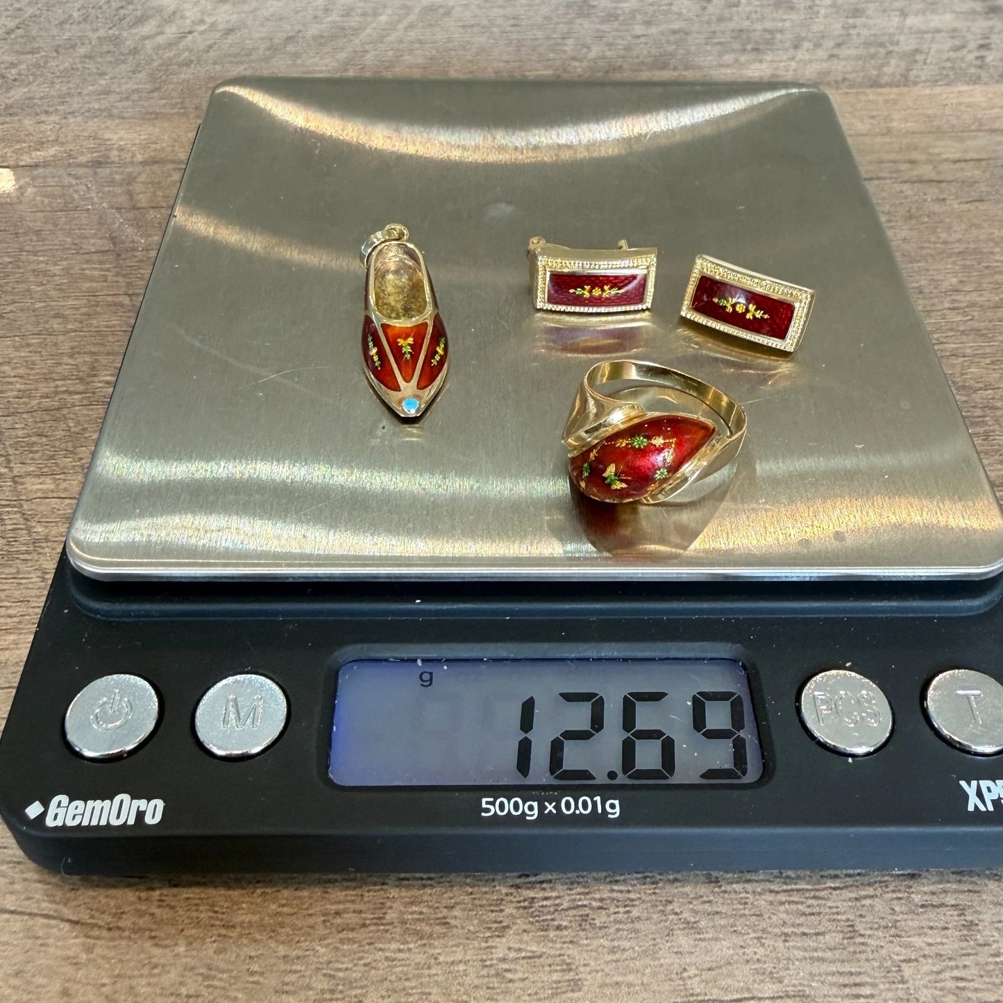 Vintage 14K Yellow Gold Red Enamel Butterfly Motif Ring Slipper Pendant Earrings