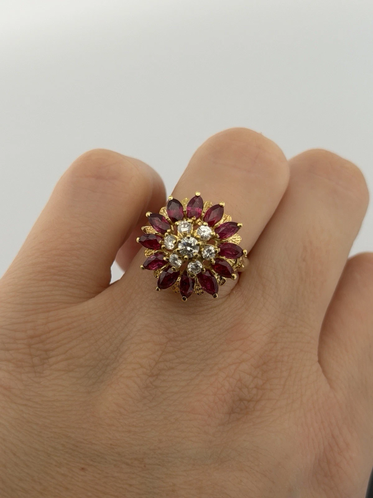 14K Yellow Gold Marquise Ruby & Diamond Cluster Ring – 8.45g – Adjustable 4.5–7 by Devine & Co — close-up