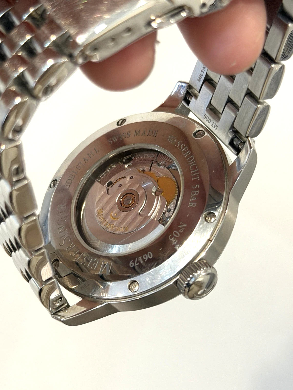 MeisterSinger No.03 Automatic Single-Hand Watch SS Black Dial Bracelet Full Set by Devine & Co — close-up