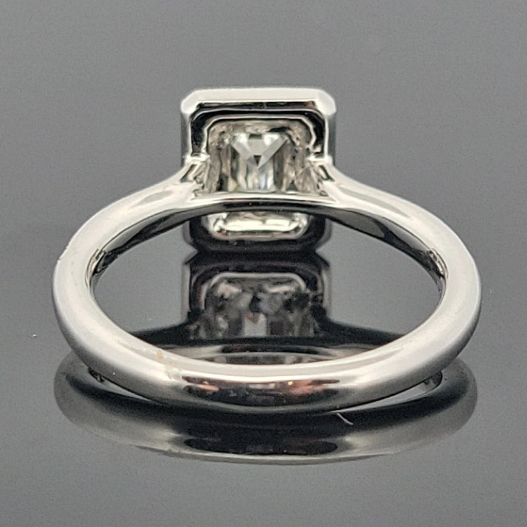 14K White Gold Emerald Cut Diamond Ring 0.72ct VS2 J, Halo Diamonds 0.34ctw by Devine & Co — setting detail