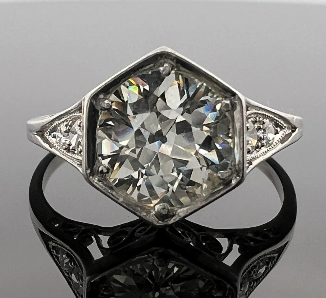 Antique Platinum 1.80ct Old European Cut Diamond Ring Art Deco Size 8