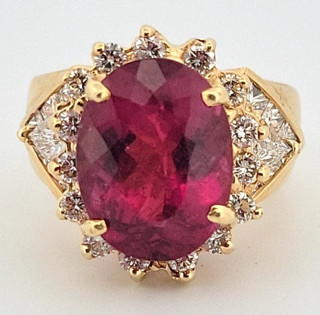 Natural Oval Rubellite Tourmaline Ring 6.90ct & 2CTW Diamonds 14K Yellow Sz 6.5 by Devine & Co — close-up