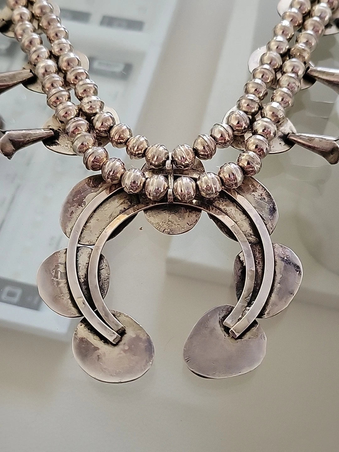 Vintage Sterling Silver Squash Blossom Necklace with Turquoise, 170 Grams, 24" by Devine & Co — close-up