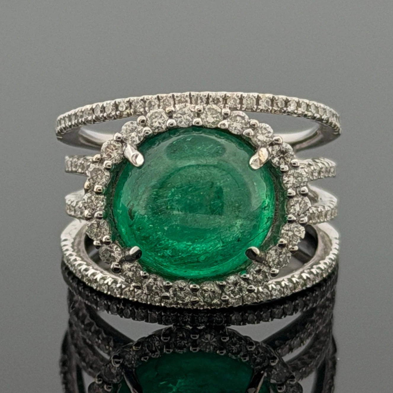 18K White Gold Oval Cabochon Emerald Ring 4.63ct Diamond Split Pave Shank 0.85ct by Devine & Co — close-up