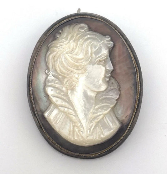 Vintage 800 Silver Mother of Pearl Cameo Pendant Brooch 38x30mm 9.23g by Devine & Co