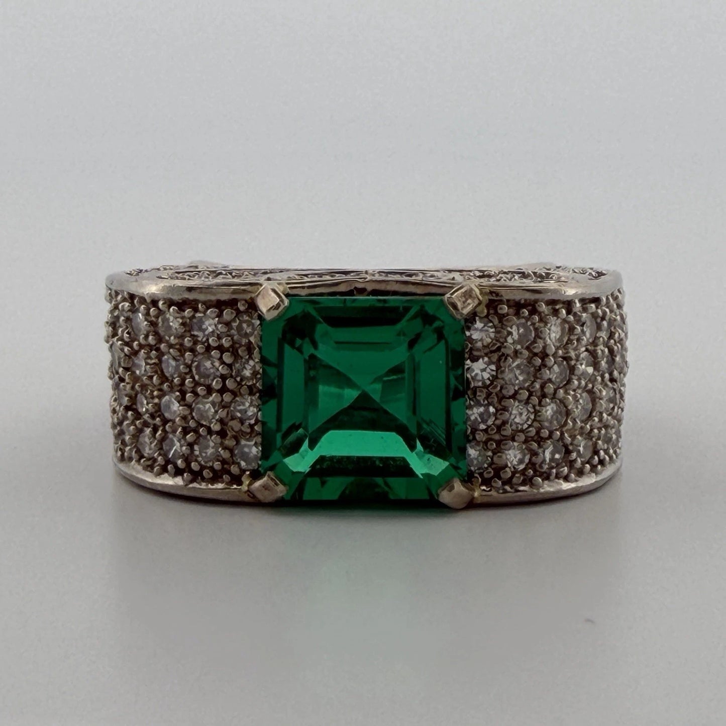 Lab Created Emerald and Diamond Ring 14K White Gold Wide Pavé Mounting 1.50CTW, scale detail