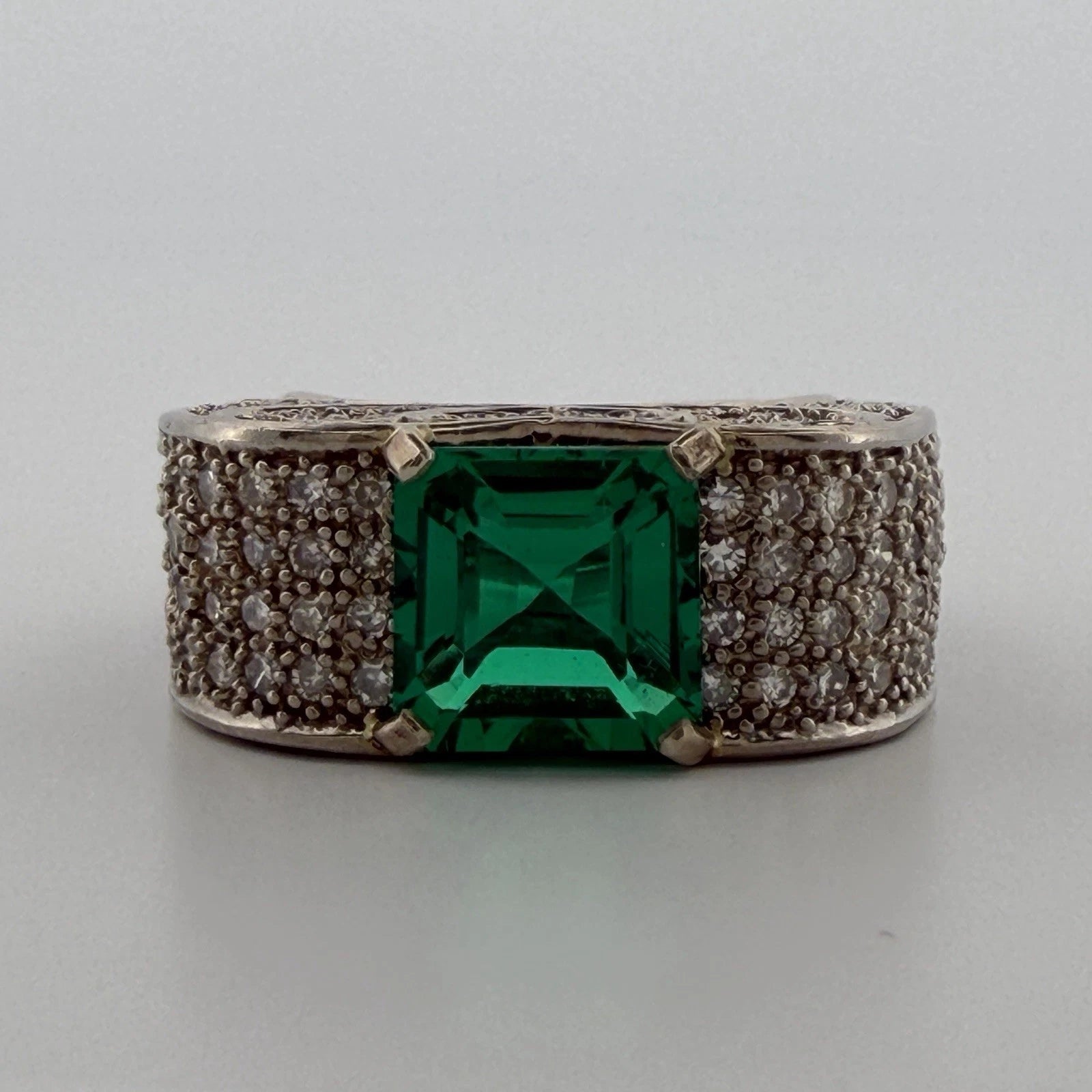 Lab Created Emerald and Diamond Ring 14K White Gold Wide Pavé Mounting 1.50CTW, scale detail