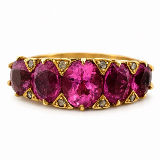 Vintage 15K Yellow Gold Pink Gemstone & Diamond Chip Ring Size 6 Estate