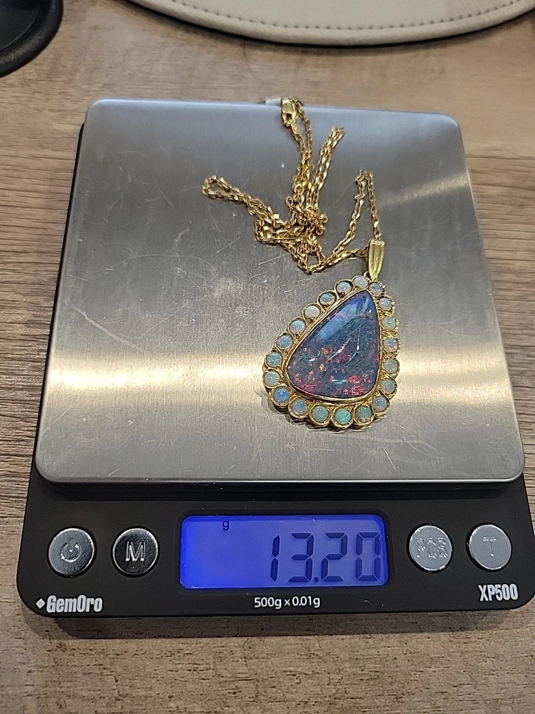 Large Triangular Black Opal Doublet Pendant with Round Crystal Opals 18 13g 14K by Devine & Co — close-up