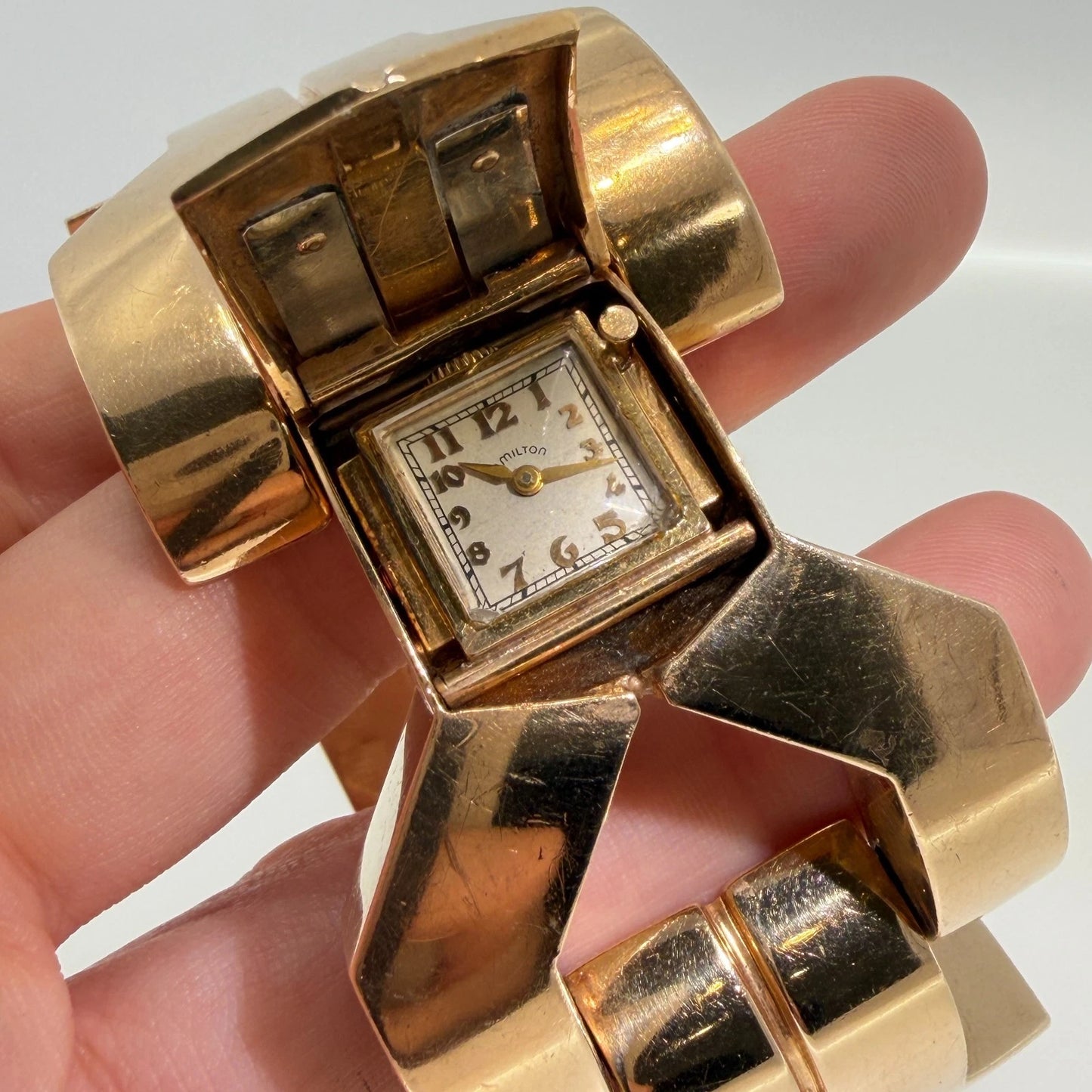 Vintage 14K Yellow Gold Wide Link Bracelet Schiaparelli Hamilton Hidden Watch
