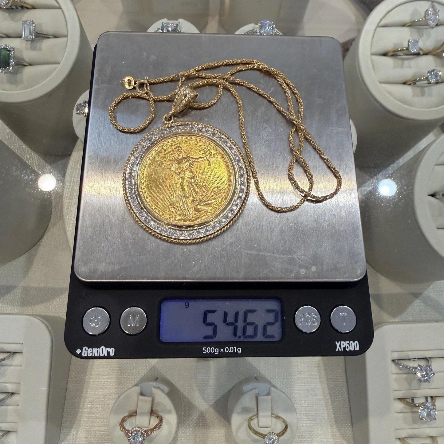 1909 $20 Liberty Gold Coin Diamond Bezel Pendant 14K Gold Necklace 54.62g