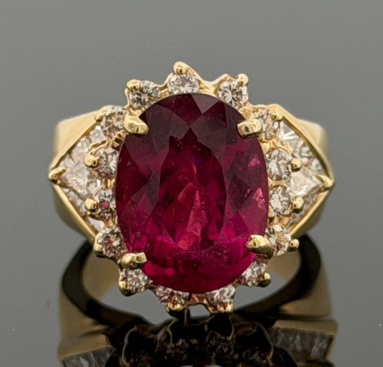 Natural Oval Rubellite Tourmaline Ring 6.90ct & 2CTW Diamonds 14K Yellow Sz 6.5 by Devine & Co — angled view