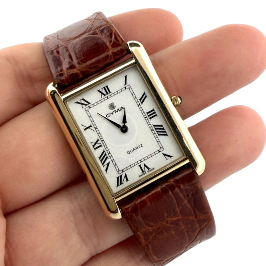 Cyma Swiss Quartz Tank Style Watch 14K Yellow Gold Case Vintage 1990's, main view