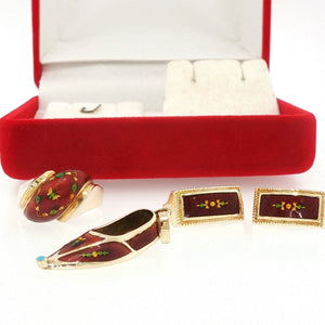 Vintage 14K Yellow Gold Red Enamel Butterfly Motif Ring Slipper Pendant Earrings