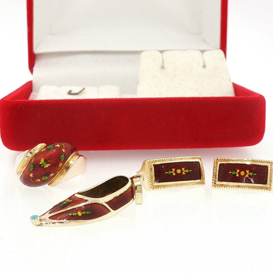 Vintage 14K Yellow Gold Red Enamel Butterfly Motif Ring Slipper Pendant Earrings