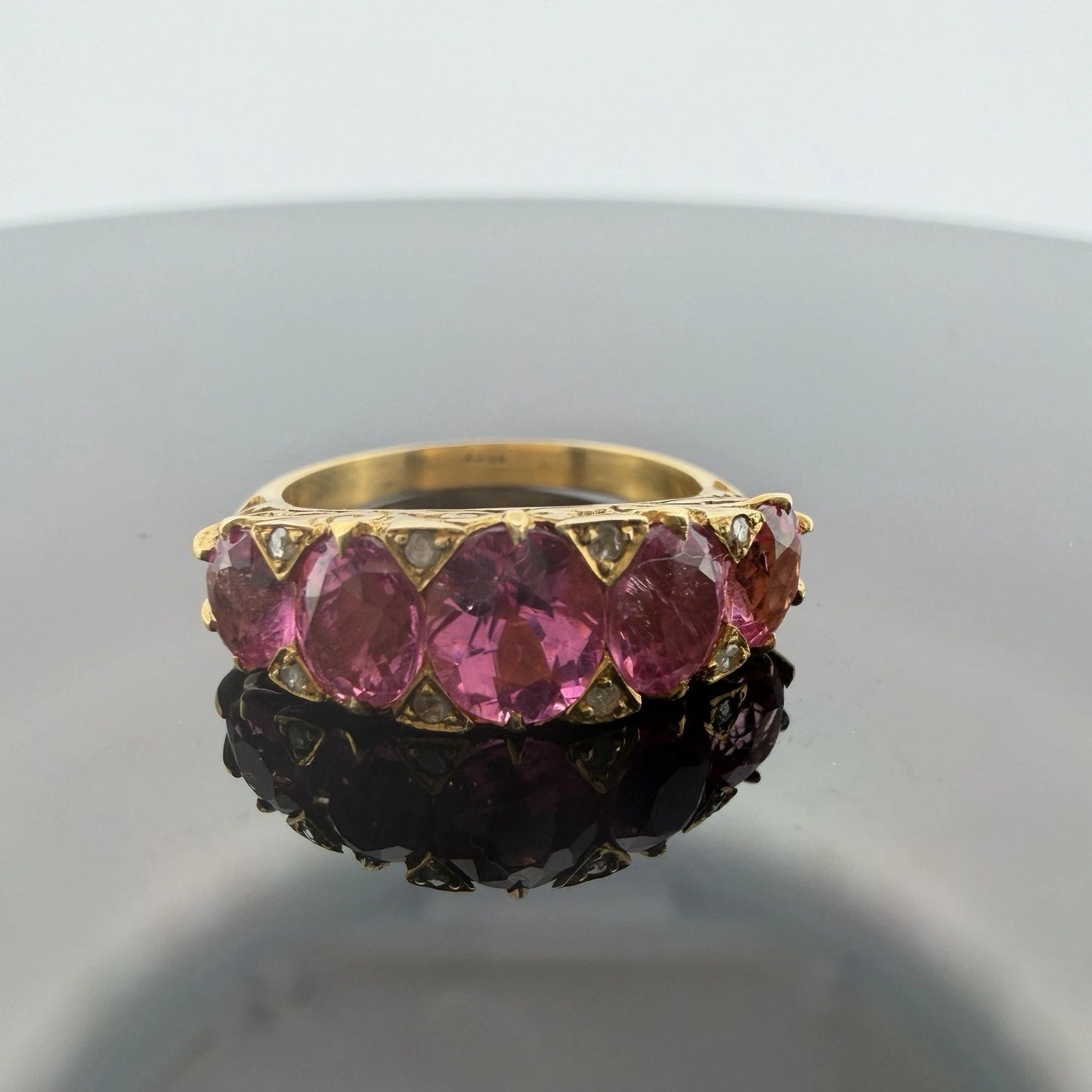 Vintage 15K Yellow Gold Pink Gemstone & Diamond Chip Ring Size 6 Estate