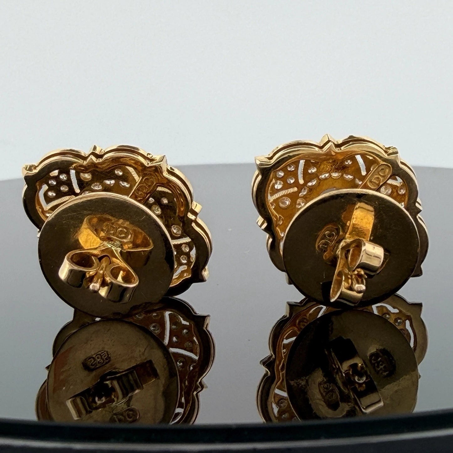 Natural Rose Cut and Round Brilliant Diamond Earrings 14K Yellow Gold Vintage 2CTW, setting detail