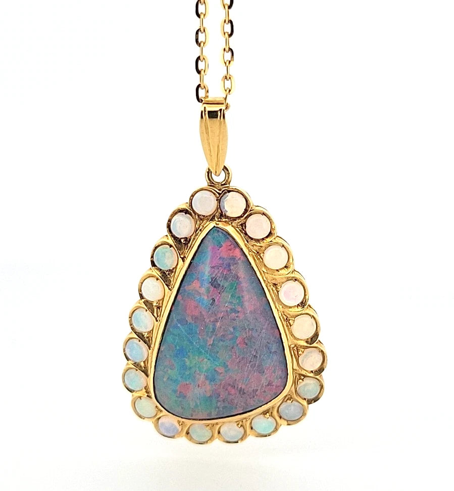 Large Triangular Black Opal Doublet Pendant with Round Crystal Opals 18 13g 14K by Devine & Co — setting detail