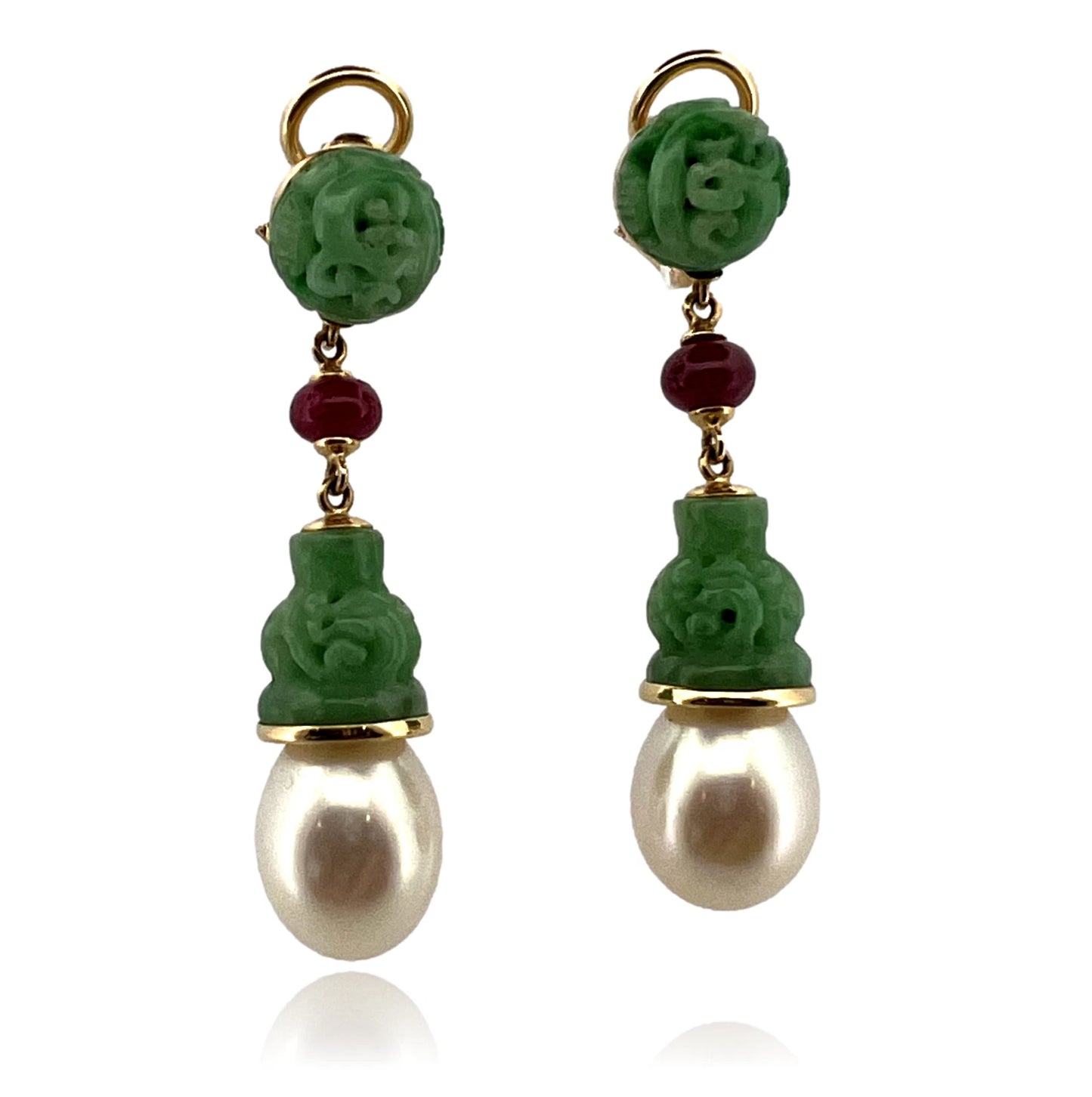 Seaman Schepps Canton Drop Jade, Ruby, Pearl Clip Earrings 18K Gold 17.37g
