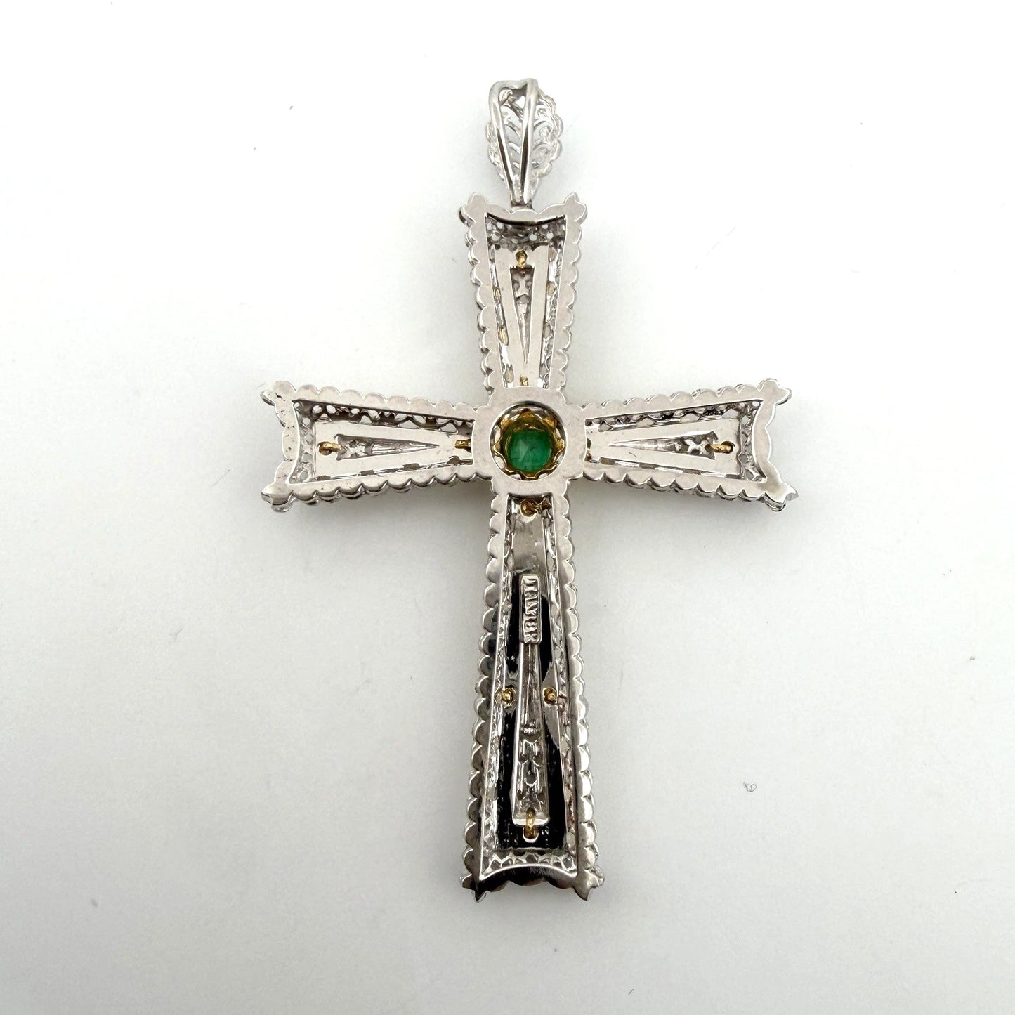 Vintage 18K Two-Tone Gold Natural Emerald Filigree Cross Pendant Italy Large