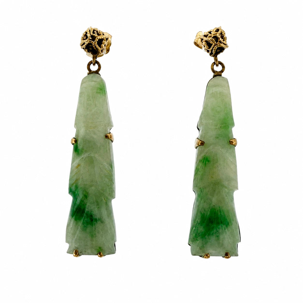 Vintage 14K Gold Carved Jade Drop Earrings Green Jadeite 8.16g Estate