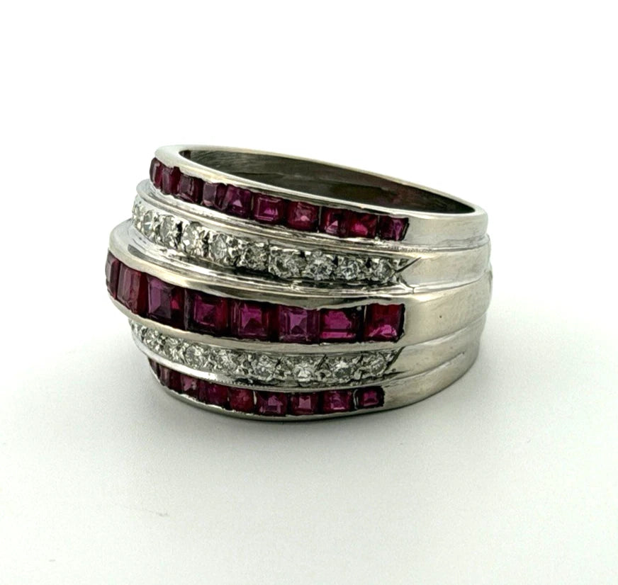 14K White Gold Ruby & Diamond Wide Band Ring Natural Square Rubies Size 7 by Devine & Co — setting detail