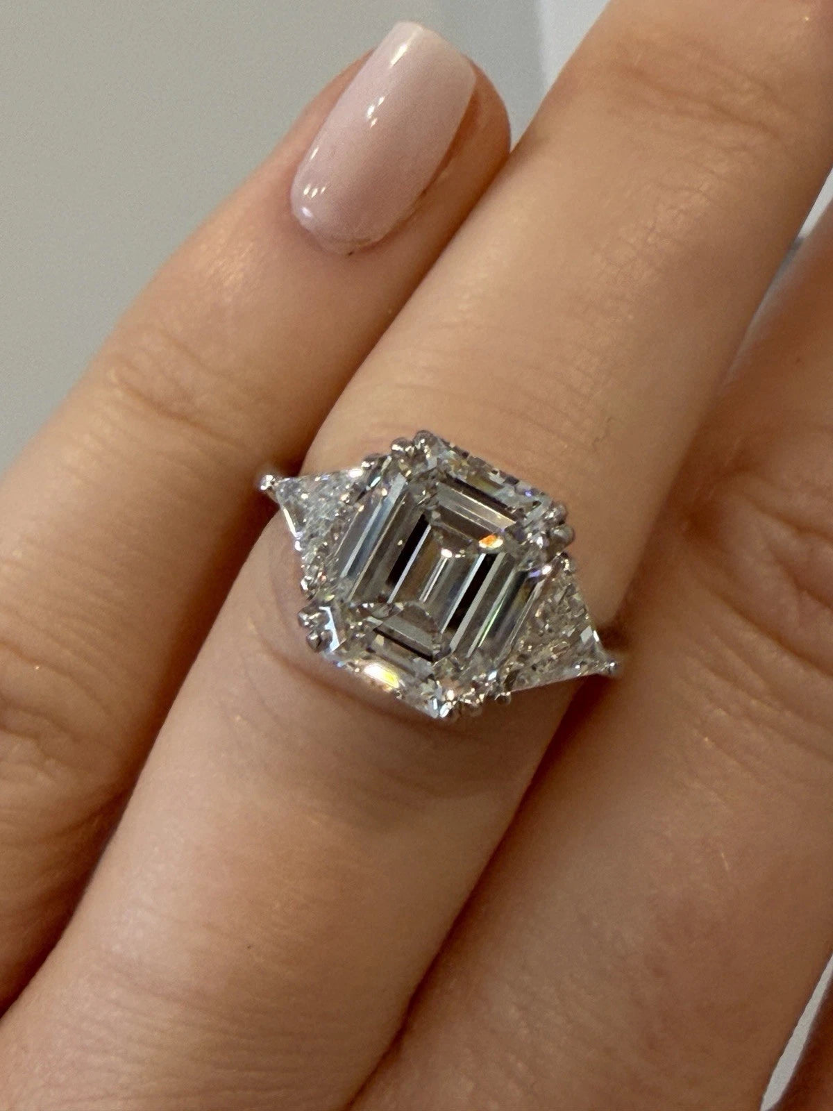 Platinum Three-Stone Ring 4.10ct Emerald Cut Natural Diamond GIA with Trillions by Devine & Co — setting detail