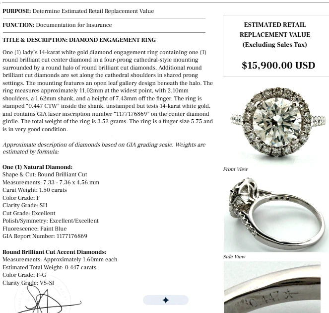 14K White Gold Round Natural Diamond Halo Engagement Ring 1.50 Carat F, SI1 GIA