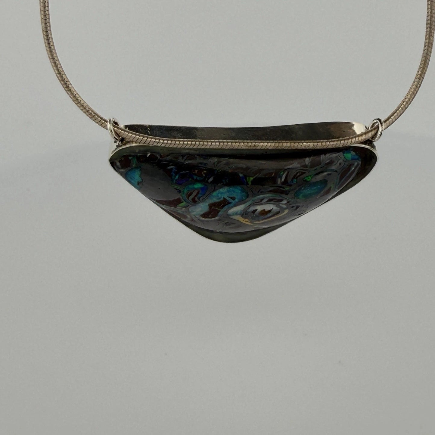 Australian Boulder Opal Pendant Necklace Sterling Silver Custom Bezel 20” Chain, pendant detail