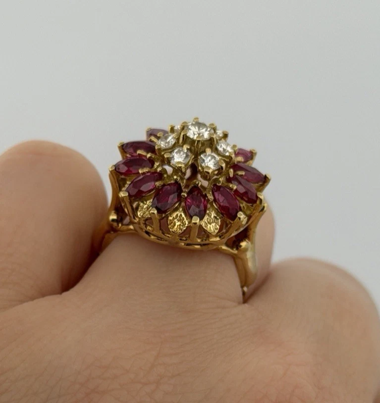 14K Yellow Gold Marquise Ruby & Diamond Cluster Ring – 8.45g – Adjustable 4.5–7 by Devine & Co — setting detail