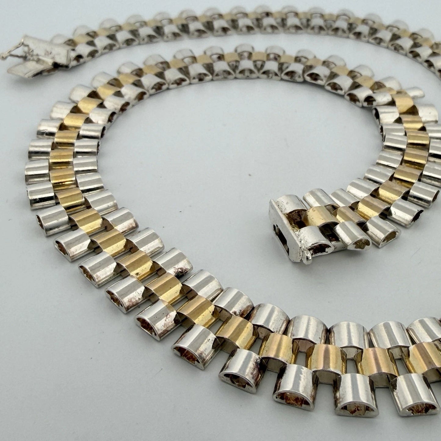 Sterling Silver Yellow Plated Watch Band Link Necklace 12mm Wide 17.5 Inches