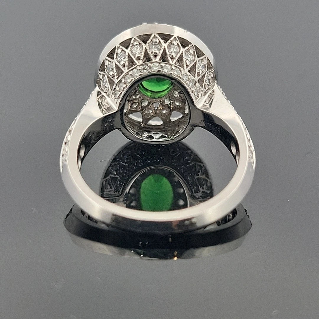 18K White Gold Tsavorite & Diamond Ring 1.51ct Oval Tsavorite 1.02ctw Diamonds by Devine & Co — setting detail