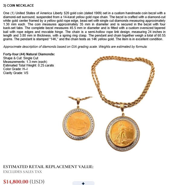 1909 $20 Liberty Gold Coin Diamond Bezel Pendant 14K Gold Necklace 54.62g