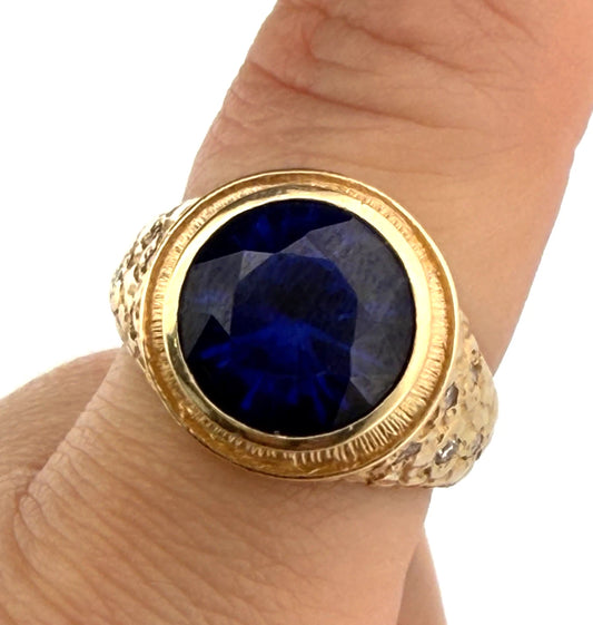 Vintage Men’s 14K Yellow Gold Lab Grown Sapphire Diamond Nugget Ring Size 9.5, main view