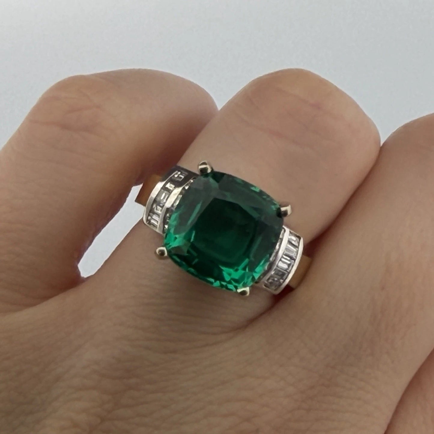 Lab Created Emerald and Diamond Ring 14K Two Tone Gold Heavy Mounting 12x12mm Sz 8, setting detail