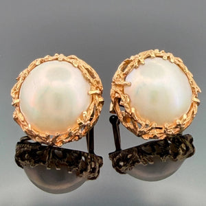 Vintage 14K Gold Mabe Pearl Omega Back Earrings 14mm 8.90g Estate