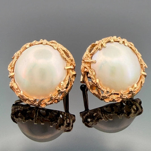 Vintage 14K Gold Mabe Pearl Omega Back Earrings 14mm 8.90g Estate