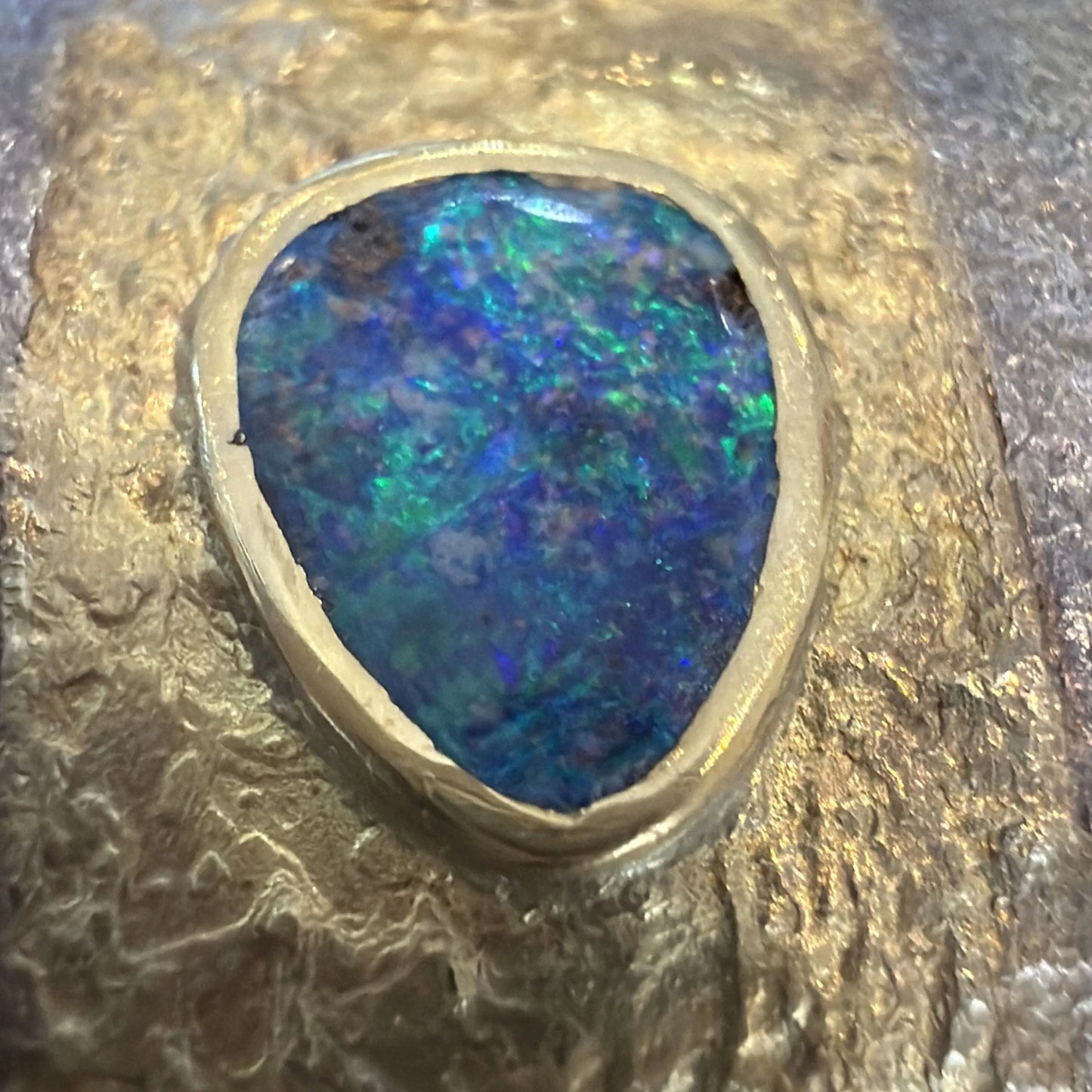 Boulder Opal Inlay Wide Cuff Bracelet 925 Sterling Silver 14K Gold 67g 30mm