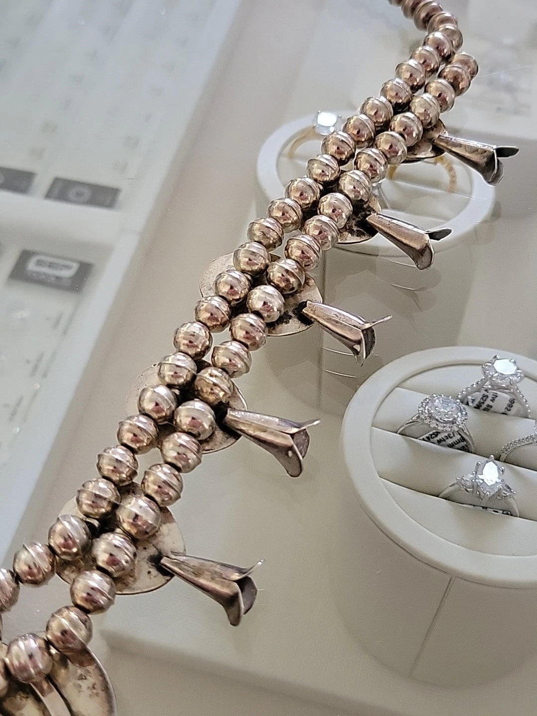 Vintage Sterling Silver Squash Blossom Necklace with Turquoise, 170 Grams, 24" by Devine & Co — setting detail