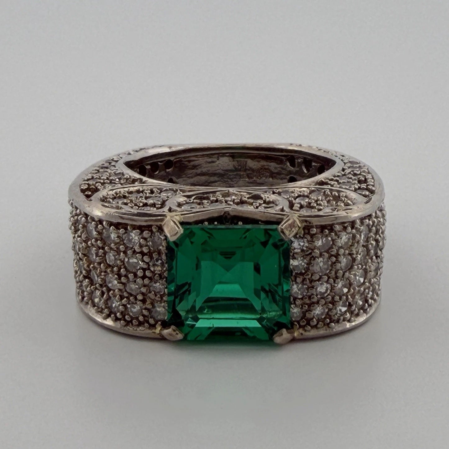 Lab Created Emerald and Diamond Ring 14K White Gold Wide Pavé Mounting 1.50CTW, additional view