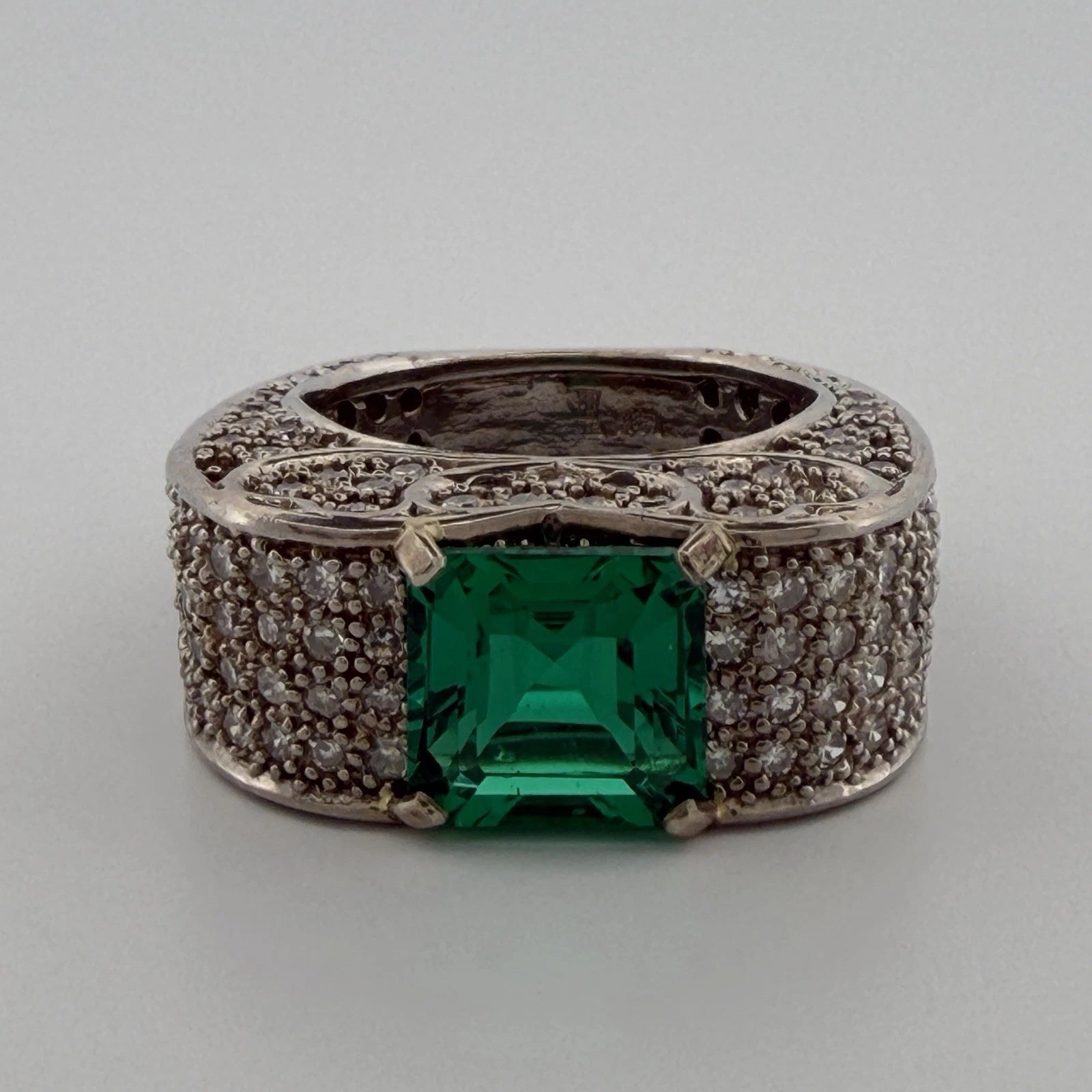 Lab Created Emerald and Diamond Ring 14K White Gold Wide Pavé Mounting 1.50CTW, additional view
