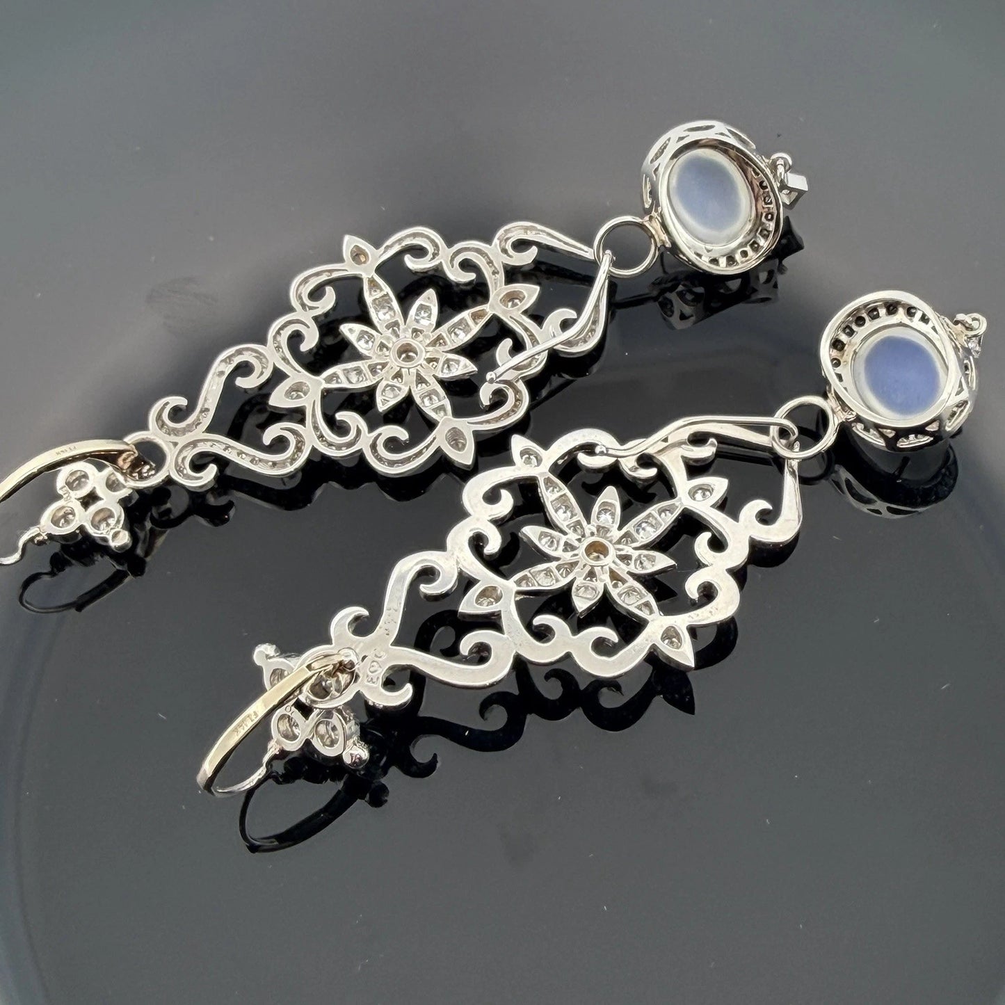 18K & 14K White Gold Moonstone Black Diamond Dangle Earrings 3" 17.9g
