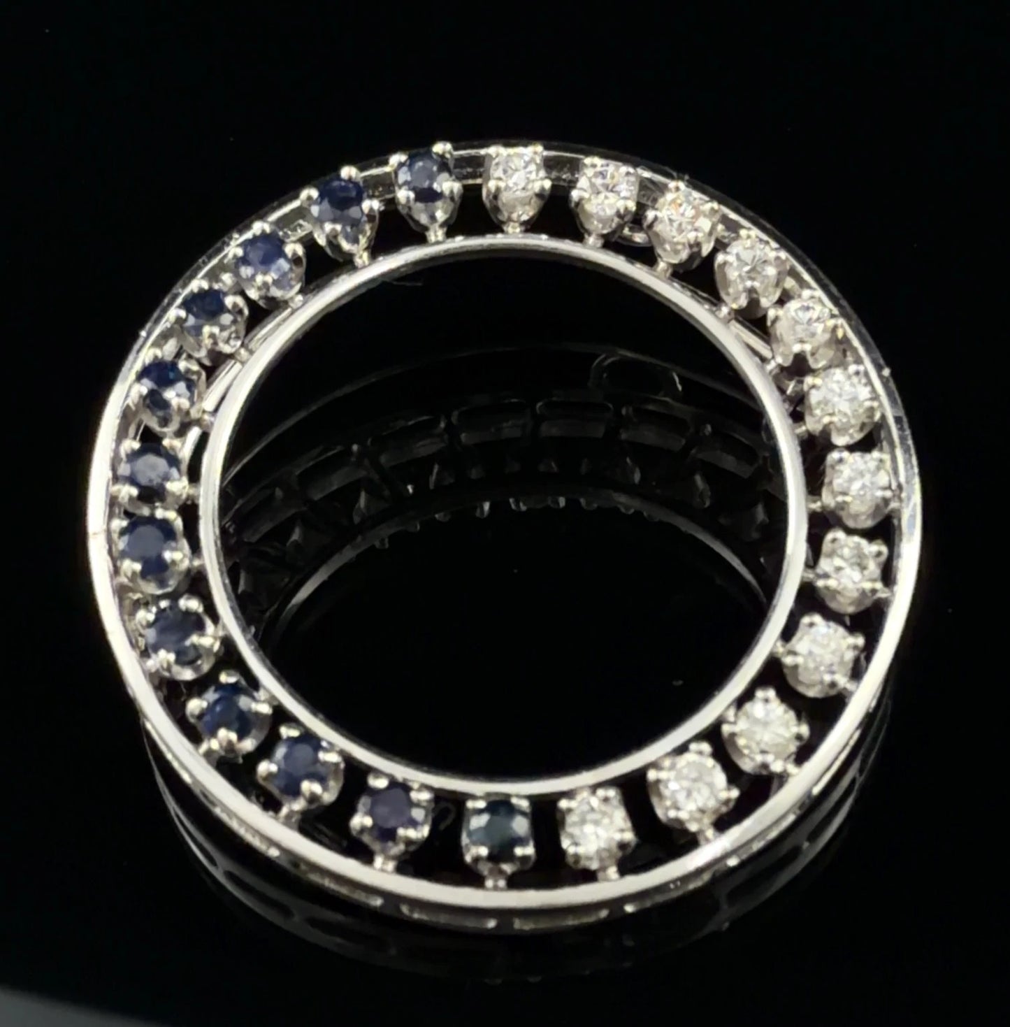 14K White Gold Natural Sapphire & Diamond Circle Pendant Brooch Estate